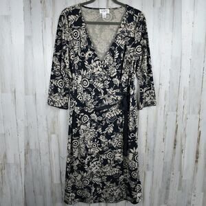 Vintage Loft navy blue/beige floral wrap midi dress 3/4 sleeves Women's size 12